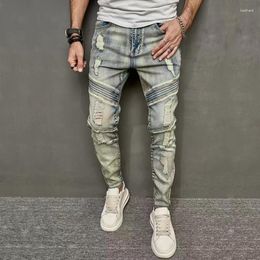Men's Jeans Biker Stretch Streetwear Personality Ripped Pleated Casual Skinny Pants Youth Distressed Washed Slim Denim Trousers