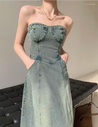 Casual Dresses Vintage Women Sleeveless Strapless Denim Dress Slim Female Korean 2023 Summer Midi Vestidos Streetwear S816