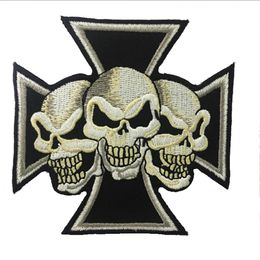 Fantastic Maltese Cross Devil Triple Skulls Christian Embroidered Patch Iron On Sew On Patch For Biker Clothing Jacket Vest S290f