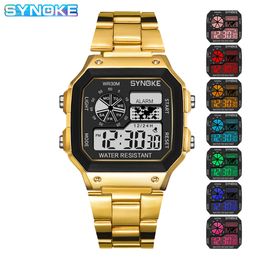SYNOKE Digital Watch Student Men Colourful Luminous LED Stainless Steel Multi-function Fashion Gold Silver Electronic Watch