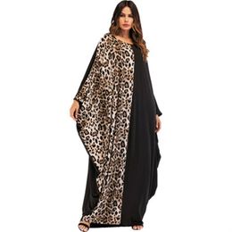 Women New Style Long Loose Dresses Leopard Patchwork Fashion Patchwork Dresses Bat Sleeve Female Ethnic Clothing204J
