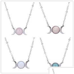 Pendant Necklaces Fahsion Sier Plated Natural Stone Necklace Sun Moon Opal Turquoise Pink Crystal For Women Jewelry Drop Delivery Pen Dh6Td