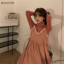 Casual Dresses Women Sweet Solid Color V-neck Long Lace Causal Sleeveless Harajuku Ladies Ins Spring Pink Loose Students College Style