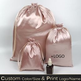 Packaging Bags 20PCS Rose Gold Silk Gift Bags Satin Drawstring Pouch Makeup Shoes Clothes Virgin Hair Wig Cosmetic Packaging Bag Storage Print 230710