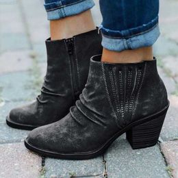 Boots Fashion Women's Vintage Ankle Boots Autumn Winter Thick Heel Mid Heel Females Boots Casual Solid Side Zipper Shoes Booties Woman L230711