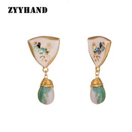 Stud Abalone Triangle Natural Stone Drop Earring Golden Color Wrap Handmade DIY Romantic Party Girl Jewelry 230710