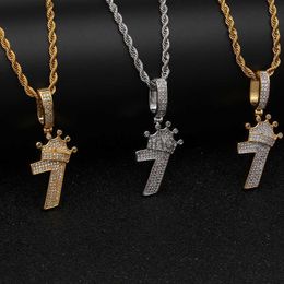 Pendant Necklaces Shiny Crown Number 7 Pendant Necklace Charm With Rope Chain Iced Out Cubic Zircon Hiphop Jewellery x0711 x0711