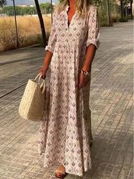 Casual Dresses Vintage Floral Print Loose Pleated Maxi Dress Women Spring Long Sleeve Boho Party Summer V Neck For Vestido