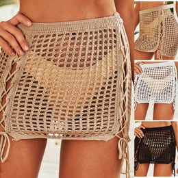 Skirts Knitted Skirt Women's Sexy Hollow Out Drawstring Mini Mesh Beach Bikini Cover Women Beachwear Lace Up