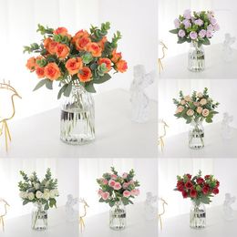 Decorative Flowers 30cm Artificial Flower Silk Rose With Eucalyptus Leaves Peony Bouquet Fake For Wedding Party Home Room Table Vase Decor