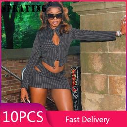 Work Dresses 10sets Bulk Items Wholesale Lots Dress Sets For Women Fall Long Sleeve Blouse Mini Skirt Hollow Out Two Piece Set Outfits