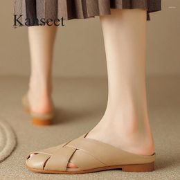 Slippers Kanseet Flats For Women Summer Genuine Leather Mules Shoes Comfortable Handmade Casual Ladies Outside Apricot Slipper