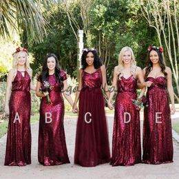 2023 Elegant Mismatched Burgundy Sequins Tulle Long Bridesmaid Dresses Country Style Wedding Dress Custom Made Beach junior Bridesmaid Gown