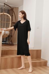 Women's Sleepwear Summer Modale Nightdress V-neck Dress Korean Thin Solid Medium Length Knee Nightgown Home Wear