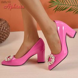 Aphixta New 7cm Square Heel Baby Pink Pearl Crystals Buckle Patent Leather Women Pumps Officile Pointed Toe Shoes Big Size 50 L230704