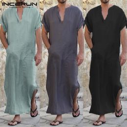 INCERUN Robes Men Islamic Arab Muslim Kaftan Cotton Short Sleeve Jubba Thobe Vintage Dubai Saudi Arabia Thobes Kaftan Plus Size284Q