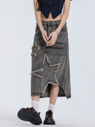 Women s Jumpsuits Rompers Y2K Star Embroidered Denim Skirt Oversized Retro High Waisted Distressed Loose A Line Midi Dress Summer Fashion Women Streetwear 230711