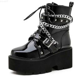 Boots Autumn Winter Boots Women Sexy Chain Boots Ankle Buckle Strap Ankle Boots Square Heel Thick Sole Platform Rock Punk Style L230711