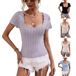 Women's T Shirts Knit For Women Eyelet Shirt Womens Pullover Square Neck Short Sleeve