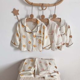 Pajamas 2PCS Spring Autumn Kids Set Long Sleeve Tops Cardigan Pants Korean Bear Cotton Muslin Boys Girls Nightgown Sleepwear 230711