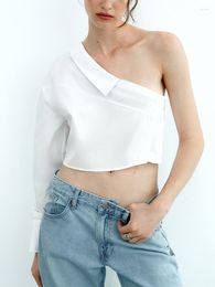 Women's Blouses Crop Tops Women Fashion Clothing 2023 High Street Lapel Asymmetric Neck One Shoulder Top Long Sleeve Side Buttoned White