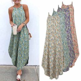 Basic Casual Dresses Printed Maxi Dresses VONDA Bohemian Sexy Sleeveless Sundress Women Causal Halter Summer Beach Dress Asymmetric Long Dresses 230710