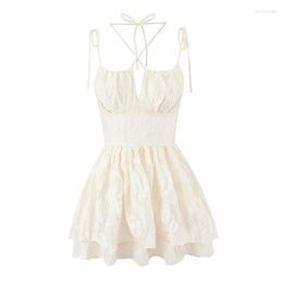 Casual Dresses YENKYE Women Sexy Corset Style Tie Bow Lacing Up Halter Sling Dress Vintage Beige Jacquard Weave Ruffles Hem Ladies Mini Robe