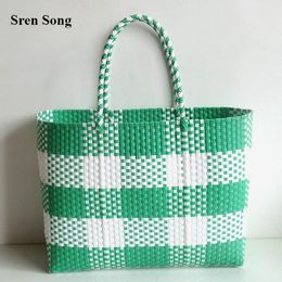 Waist Bag Plastic Strip Woven Shoulder Large Square Plaid Handbags Tote Basket Vegetable Bag Fashion Stripe 230711