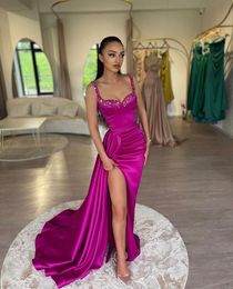 Sexy Plus Size Mermaid Prom Dresses Long for Women Spaghetti Straps Satin Sequined High Side Split Formal Occasions Wear Celebrity Birthday Pageant Evening Gowns