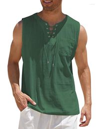 Men's Tank Tops Summer Men Top Shirt Lace Up T-shirt Fashion Solid Linen Sleeveless Shirts