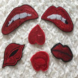 1 set of embroidered sequins patches include 6 pieces iron-on lip pattern zakka patchwork DIY handmade appliques for sewing quilti360R