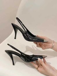 lady Sandals Pointed Women's High Heels Shoes Black Patent Leather Single Thin Plain Colourful English Rose Same 230626