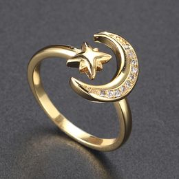 Adjustable Star Moon Ring for Women INS Fashion Micro Inlaid Zircon Gold Colour Open Finger Accessories Female Jewellery Gift R605