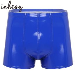 Briefs Panties Mens Sexy Boxer Briefs Shorts Patent Leather Wet Look Latex Glossy Underwear Underpants Swimsuit Pole Dancing Rave Clubwear 230710