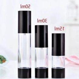 500pcs Travel Refillable Cosmetic Airless Bottles Plastic Treatment Pump Lotion Containers with Black Lids 15ML 30ML 50ML Fanix