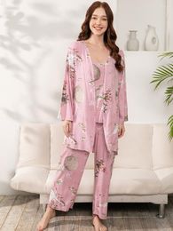 Women's Sleepwear Plus Size S-3XL Ladies Pyjamas Set 3pcs Viscose Printed Women Comfort Loose Homewear Large Femme Pijamas