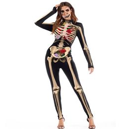 Halloween Costume Womens Skeleton Rose Print Scary Costume Black Skinny Jumpsuit Bodysuit Halloween Cosplay Suit For Women Sexy Co2612