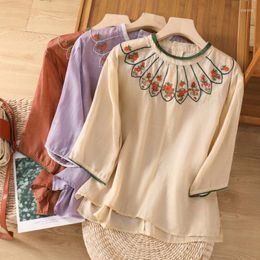 Women's Blouses Cotton Linen Shirts Summer 2023 Floral Chinese Style Loose Embroidery Top Short Sleeves Clothing YCMYUNYAN