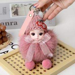 Keychains Lanyards Cute Big Eyes Doll Pompom Keychain Real Fur Pendant For Women Bag Car KeyRing Phone Fine Jewelry Accessories Kids Girl Gift 230710