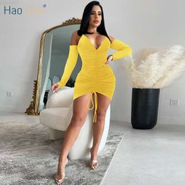 Urban Sexy Dresses HAOYUAN Sexy Off Shoulder Bodycon Mini Dress Backless Women Long Sleeve Festival Outfits Y2k Clothing Clubwear Draped Dresses L230711