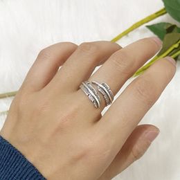 Wedding Rings Silver Colour Feather Open Hip Hop Adjustable Ring Fashion Jewellery Gift Vintage Ancient Punk for Women Bands 230710