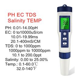 PH Metres 5 In 1 Digital PH TDS EC Metre Salinity Temperature Tester Conductivity Water Philtre Purity Pen with backlight 50%off 230710