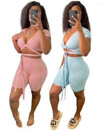 Women's Tracksuits Summer Women Fashion Two-piece Set Thread Sexy Skinny Outfit V Neck T Shirt Lace-up Tight Shorts Party Sport Casual Suit