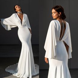 Mermaid Dresses Glamourous Satin Plunging V Neck Wedding Dress Button Back robe de mariee bridal gowns