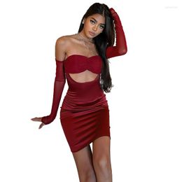 Casual Dresses Strapless Mini Dress For Women Sexy Hollow Out Long Sleeve Party Bodycon Elegant Diamonds Chain Red Black Evening