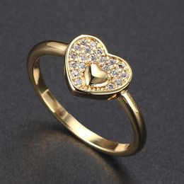 Unique Women's Ring Heart Shape Korean Style Micro Inlaid Zircon Delicate Simple Gold Color Wedding Rings Kpop Accessories R763