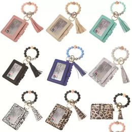 Key Rings Ups Pu Leather Bracelet Wallet Keychain Party Favor Tassels Bangle Ring Holder Card Bag Sile Beaded Wristlet Keychains Han Dh1Ne