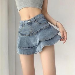 Skirts Sexy Ruffle Mini Skirt Denim Women Summer Vintage Cute High Waist Patchwork A-line Short Jeans Gyaru Streetwear