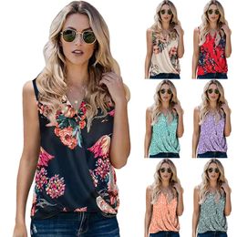 2023 Summer New European American Women's Tanks Small Tank Top V-neck Printed Pleated Sleeveless Top Camis