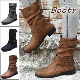 Boots Women's buckle leather middle and small leg boots Women's low heel leather Cowboy boot Women's fashionable winter boots L230711